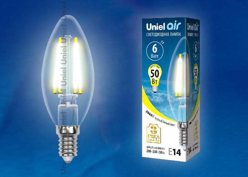Лампа светодиодная LED-C35-6W/WW/E14/CL GLA01TR LED. "свеча", прозр серия Air. 3000K