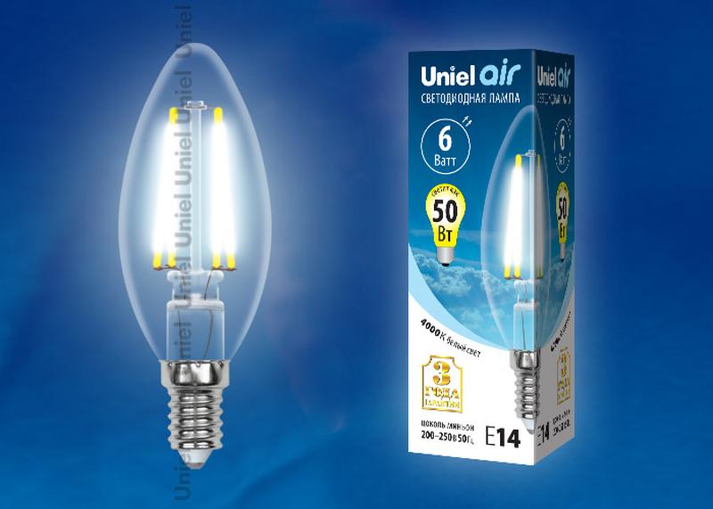 Лампа светодиодная LED-C35-6W/NW/E14/CL GLA01TR LED. "свеча", прозр серия Air. 4000K