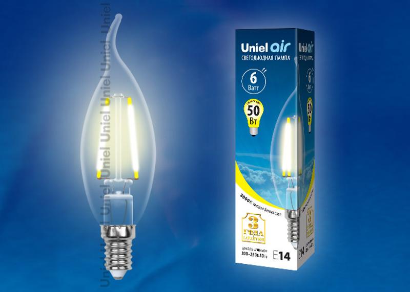 Лампа светодиодная LED-CW35-6W/WW/E14/CL GLA01TR LED. "свеча на ветру", прозр серия Air. 3000K