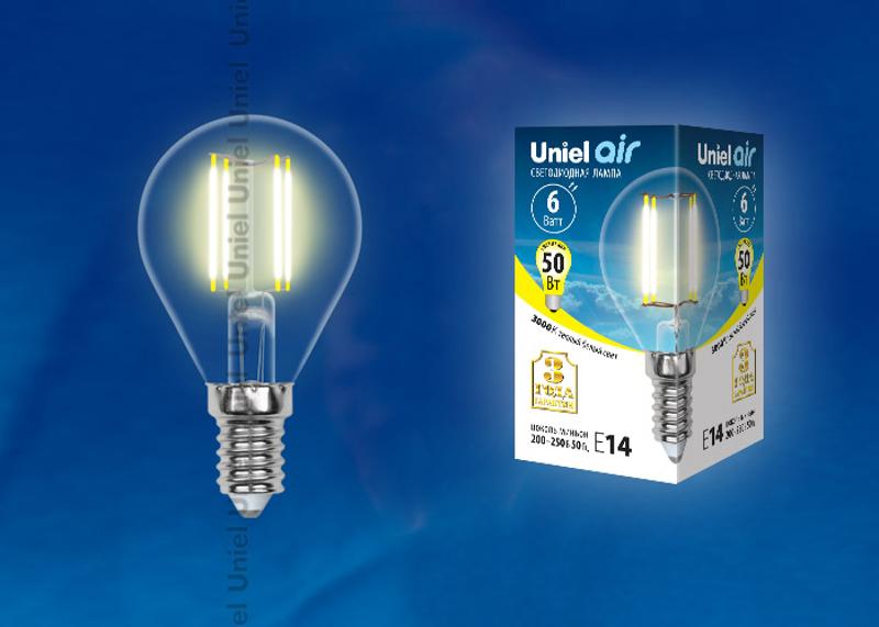Лампа светодиодная LED-G45-6W/WW/E14/CL GLA01TR LED. "шар", прозр серия Air. 3000K