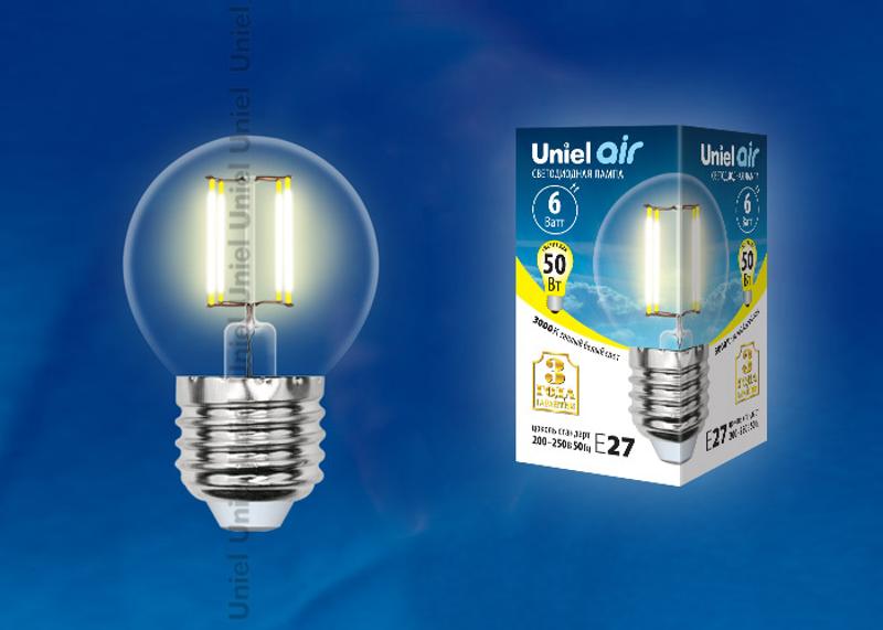 Лампа светодиодная LED-G45-6W/WW/E27/CL GLA01TR LED. "шар", прозр серия Air. 3000K