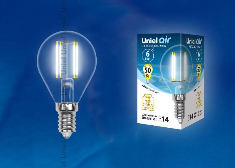 Лампа светодиодная LED-G45-6W/NW/E14/CL GLA01TR LED. "шар", прозр серия Air. 4000K