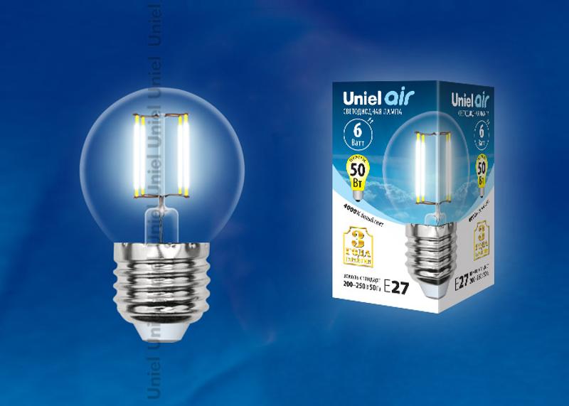 Лампа светодиодная LED-G45-6W/NW/E27/CL GLA01TR LED. "шар", прозр серия Air. 4000K