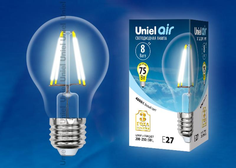 Лампа светодиодная LED-A60-8W/NW/E27/CL GLA01TR LED. "груша" прозр серия Air. 4000K