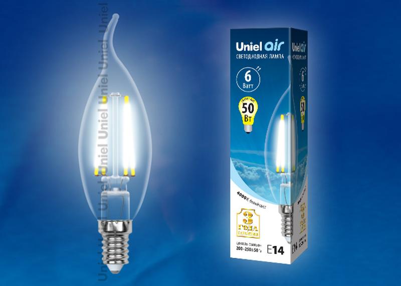 Лампа светодиодная LED-CW35-6W/NW/E14/CL GLA01TR LED. "свеча на ветру", прозр серия Air. 4000K