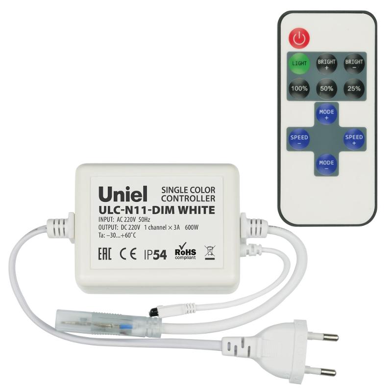 Контроллер для управления LED одноцветными ULS-2835 лентами 220В, ULC-N11-DIM WHITE 1 выход, 600Вт, с пультом ДУ ИК