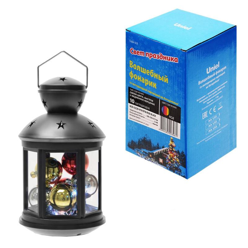 Фонарь с LED гирляндой внутри  ULD-L1220-010/DTB/RGB BLACK  на батарейке 10 диодов  RGB свет режим миганиячерный корпус 12*20 см