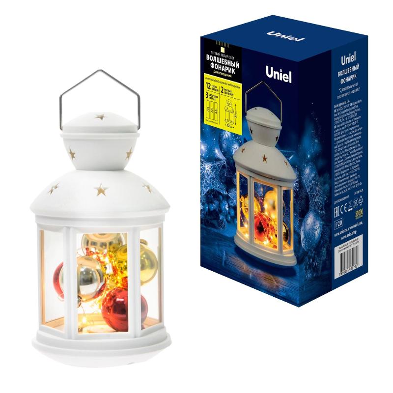 Фонарь с LED гирляндой внутри  ULD-L1220-012/TTB/WW WHITE   на батарейке 12 диодов 3000К режим мерцания белый корпус. 12*20 см