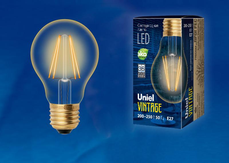 Лампа светодиодная LED-A60-6W/GOLDEN/E27 GLV21GO LED Vintage. «груша», золотистая колба