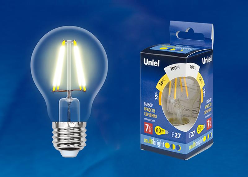Лампа светодиодная LED-A60-7W/WW/E27/CL/MB GLM10TR LED «груша», прозр Серия Multibright. 3000K 100-50-10 .
