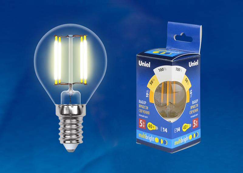 Лампа светодиодная LED-G45-5W/WW/E14/CL/MB GLM10TR LED. «шар», прозр Серия Multibright. 3000K 100-50-10 .