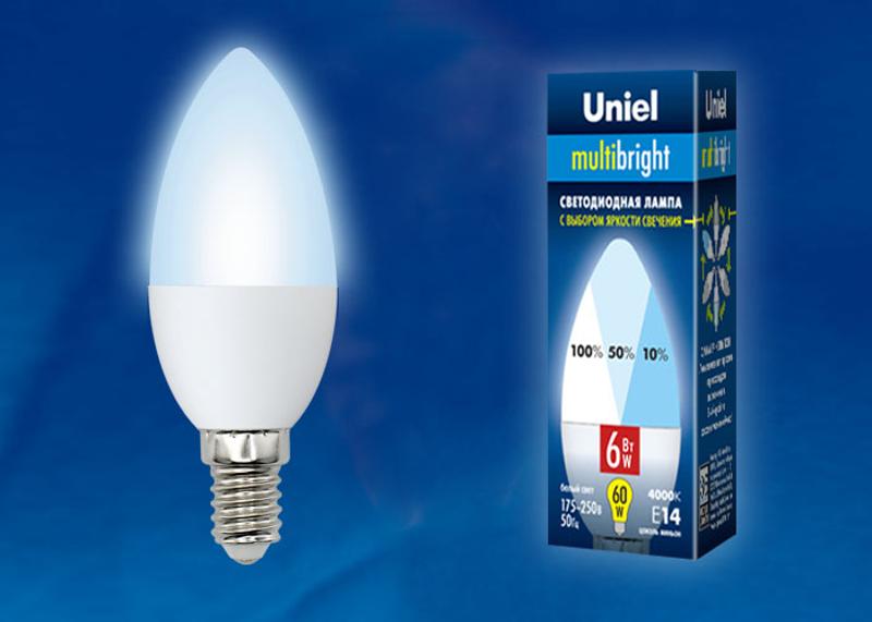Лампа светодиодная LED-C37-6W/NW/E14/FR/MB PLM11WH LED. «свеча», матовая. Серия Multibright. 4000K 100-50-10 .