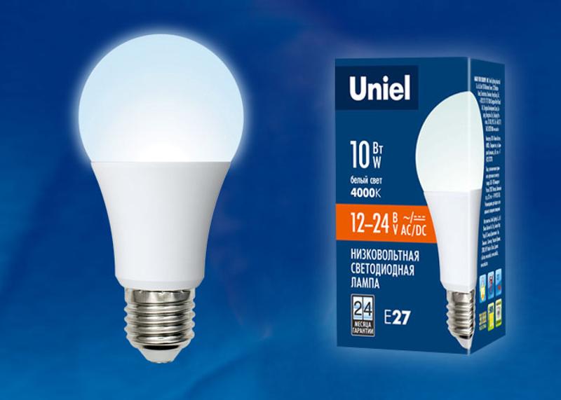 Лампа светодиодная LED-A60-10W/NW/E27/FR/12-24V PLO55WH LED низковольная 12-24В, «груша», мат., 4000К