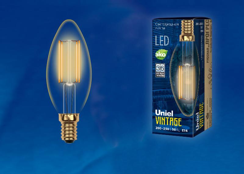 Лампа светодиодная LED-C35-5W/GOLDEN/E14 GLV21GO LED Vintage. «свеча», золотистая колба