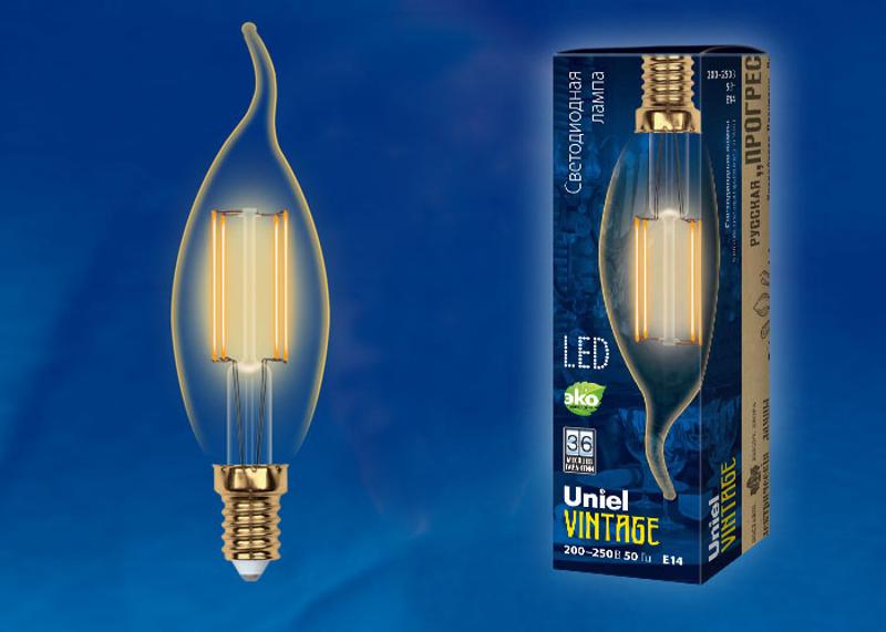 Лампа светодиодная LED-CW35-5W/GOLDEN/E14 GLV21GO LED Vintage. «свеча на ветру», золотистая колба