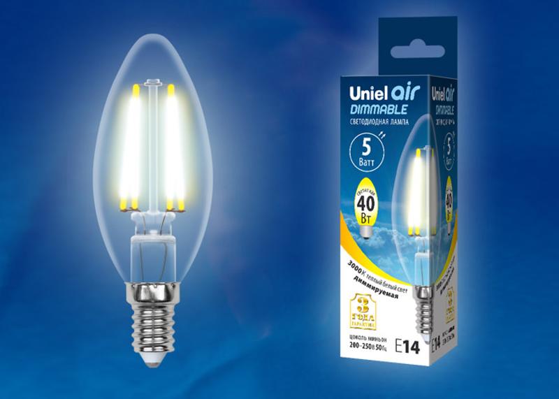 Лампа светодиодная LED-C35-5W/WW/E14/CL/DIM GLA01TR LED диммируемая. "свеча", прозр серия Air. 3000K