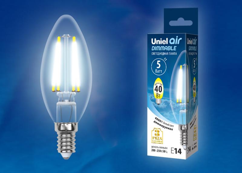 Лампа светодиодная LED-C35-5W/NW/E14/CL/DIM GLA01TR LED диммируемая. "свеча", прозр серия Air. 4000K