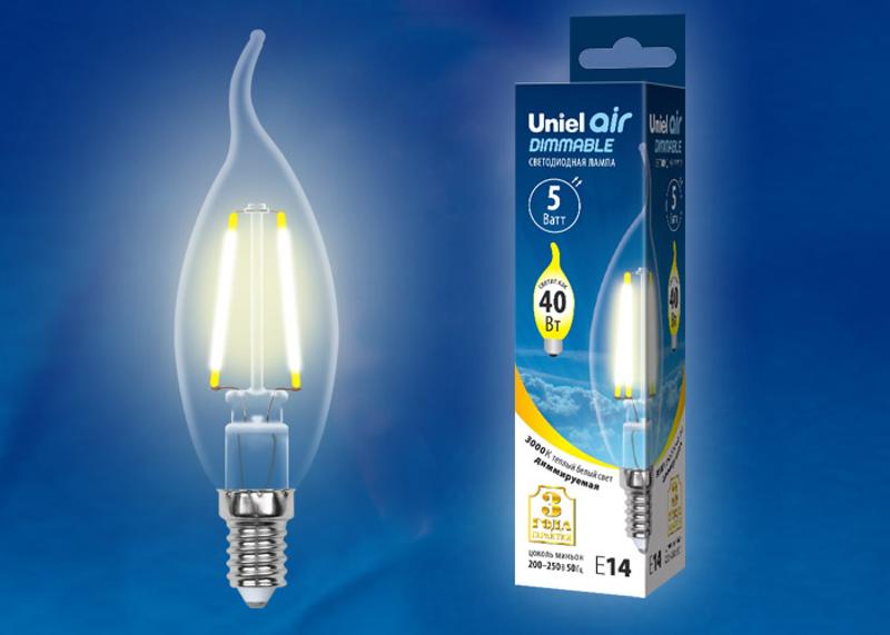 Лампа светодиодная LED-CW35-5W/WW/E14/CL/DIM GLA01TR LED диммируемая. "свеча на ветру", прозр серия Air. 3000K