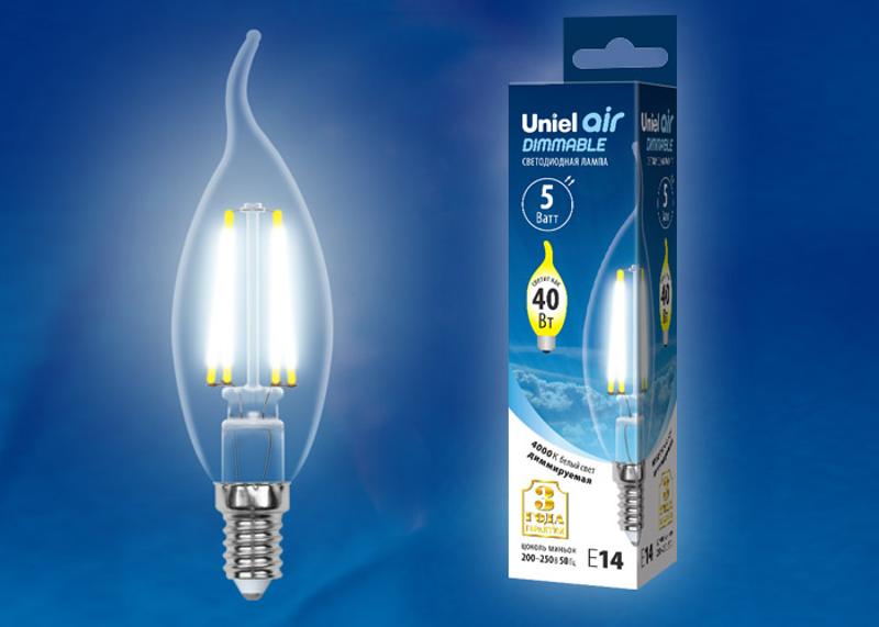 Лампа светодиодная LED-CW35-5W/NW/E14/CL/DIM GLA01TR LED диммируемая. "свеча на ветру", прозр серия Air. 4000K