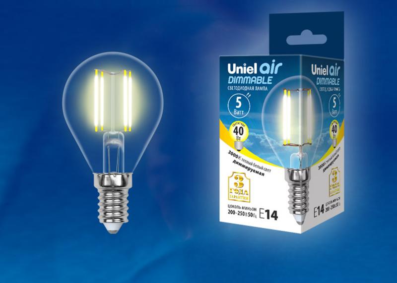 Лампа светодиодная LED-G45-5W/WW/E14/CL/DIM GLA01TR LED диммируемая. "шар", прозр серия Air. 3000K