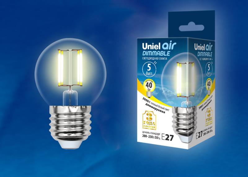 Лампа светодиодная LED-G45-5W/WW/E27/CL/DIM GLA01TR LED диммируемая. "шар", прозр серия Air. 3000K