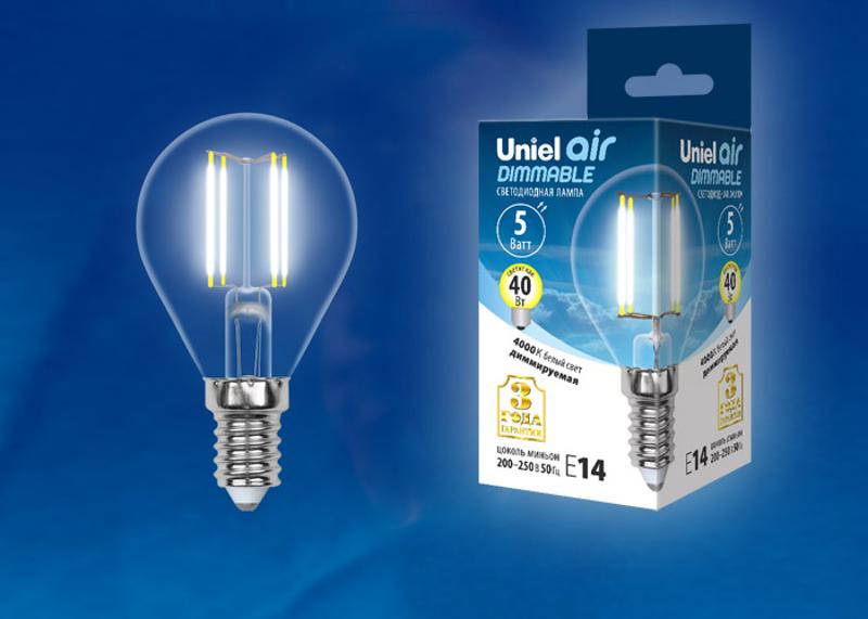 Лампа светодиодная LED-G45-5W/NW/E14/CL/DIM GLA01TR LED диммируемая. "шар", прозр серия Air. 4000K
