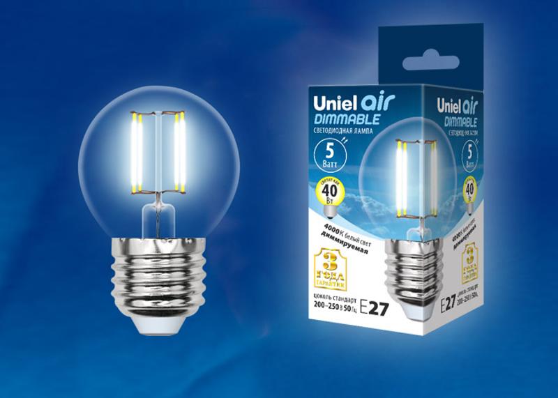 Лампа светодиодная LED-G45-5W/NW/E27/CL/DIM GLA01TR LED диммируемая. "шар", прозр серия Air. 4000K