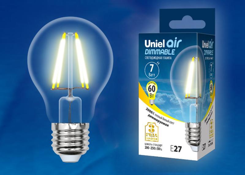 Лампа светодиодная LED-A60-7W/WW/E27/CL/DIM GLA01TR LED диммируемая. "груша" прозр серия Air. 3000K
