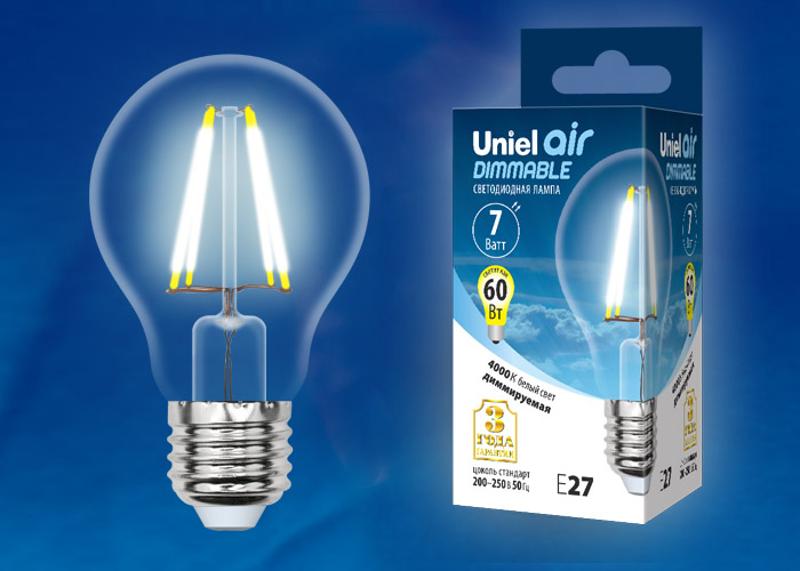Лампа светодиодная LED-A60-7W/NW/E27/CL/DIM GLA01TR LED диммируемая. "груша" прозр серия Air. 4000K