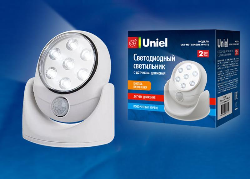 Светильник светодиодный накладной ULK-N21 SENSOR WHITE LED с датчиком движения на батарейках 4АА белый