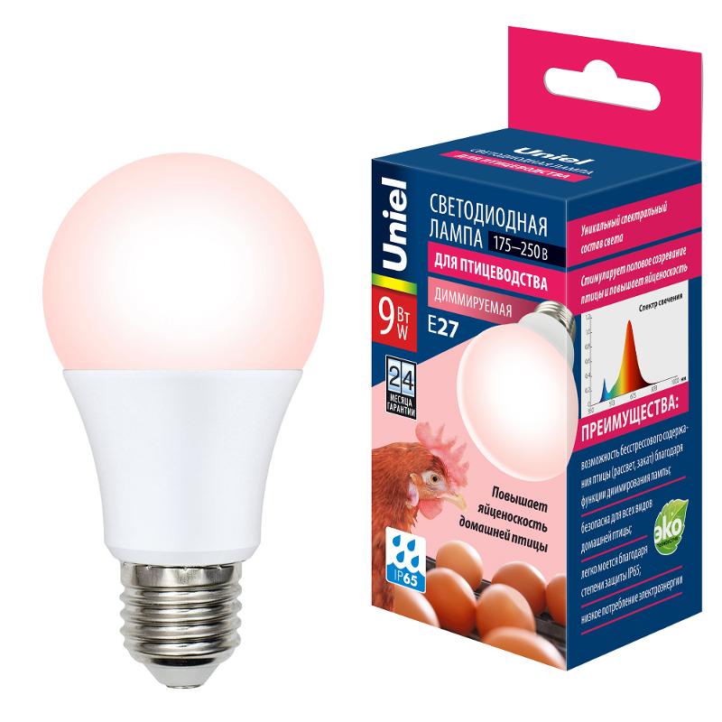 Лампа светодиодная LED-A60-9W/SCEP/E27/FR/DIM IP65 PLO65WH LED диммируемая для птиц. Спектр для яйценоскости