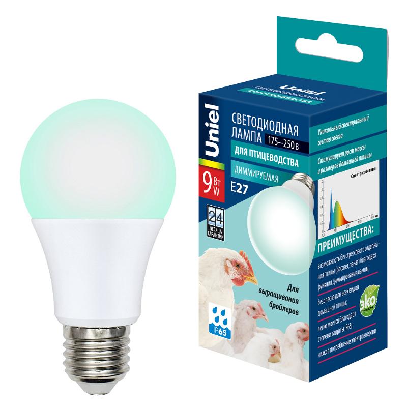 Лампа светодиодная LED-A60-9W/SCBG/E27/FR/DIM IP65 PLO65WH LED диммируемая для бройлеров. Спектр синий и зеленый