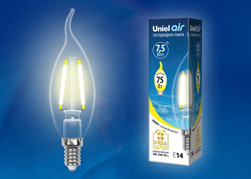 Лампа светодиодная LED-CW35-7,5W/WW/E14/CL GLA01TR LED. "свеча на ветру", прозр серия Air. 3000K