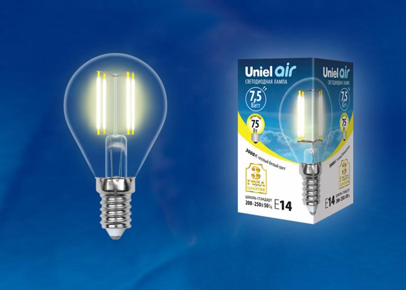 Лампа светодиодная LED-G45-7,5W/WW/E14/CL GLA01TR LED. "шар", прозр серия Air. 3000K