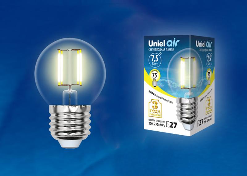 Лампа светодиодная LED-G45-7,5W/WW/E27/CL GLA01TR LED. "шар", прозр серия Air. 3000K