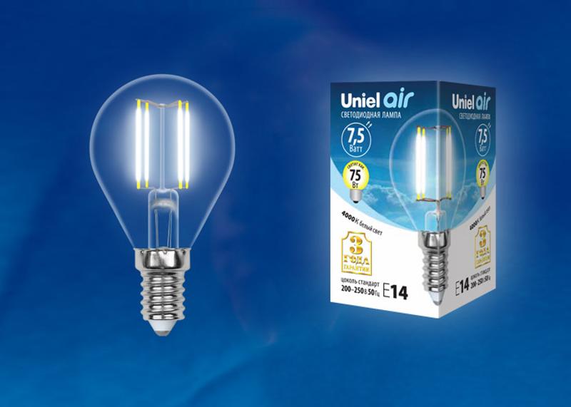 Лампа светодиодная LED-G45-7,5W/NW/E14/CL GLA01TR LED. "шар", прозр серия Air. 4000K