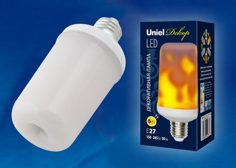 Лампа светодиодная LED-L60-6W/FLAME/E27/FR PLD01WH LED декоративная с типом свечения «эффект пламени». «цилиндр», мат. .