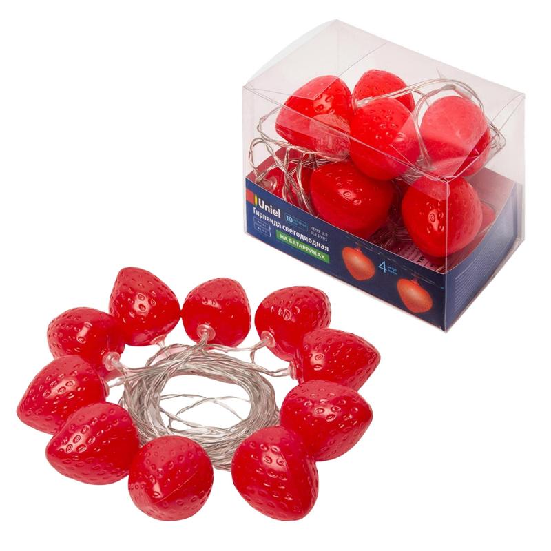 Гирлянда светодиодная на эл.пит.2AA Клубника ULD-S0400-010/STB/2AA RED IP20 STRAWBERRY  4м 10 красных диодов, шнур прозр.