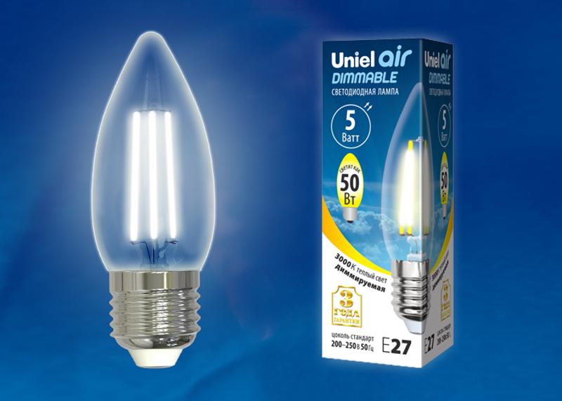 Лампа светодиодная LED-C35-5W/WW/E27/CL/DIM GLA01TR LED диммируемая. "свеча", прозр серия Air. 3000K