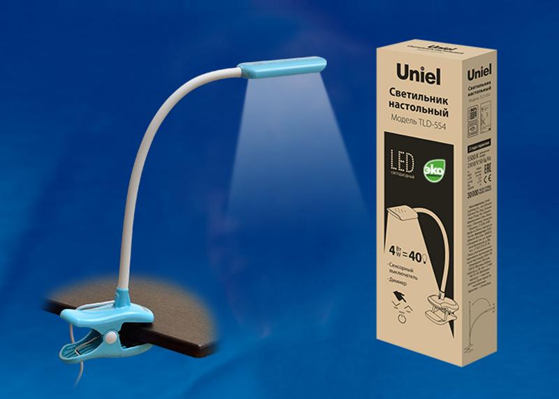 Светильник настольный TLD-554 Blue/LED/400Lm/5500K/Dimmer «прищепка» 4W сенсор Голубой