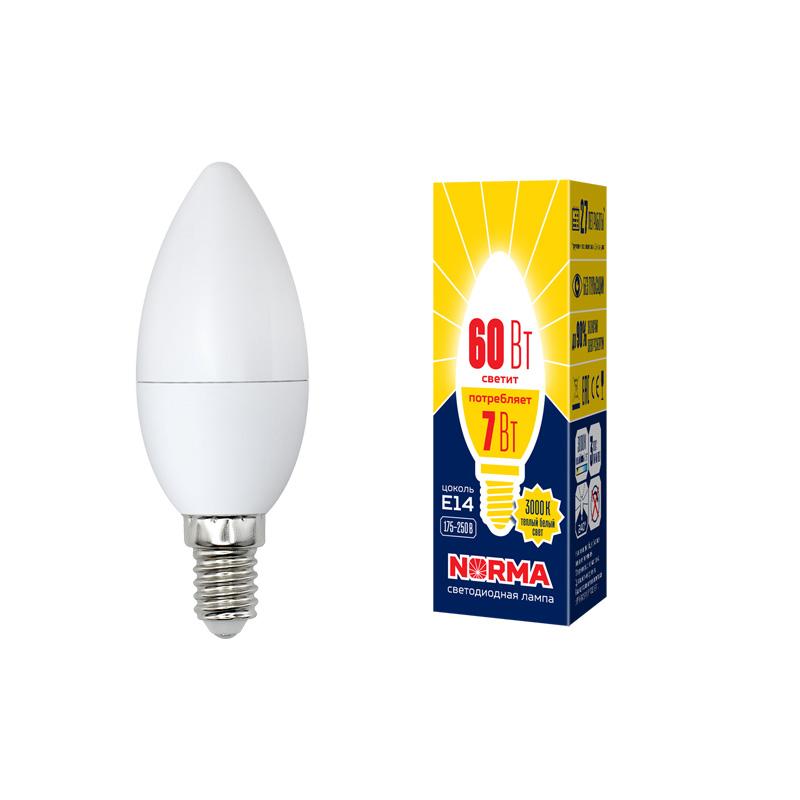Лампа светодиодная LED-C37-7W/WW/E14/FR/NR LED. "свеча", матовая. Серия Norma. 3000K