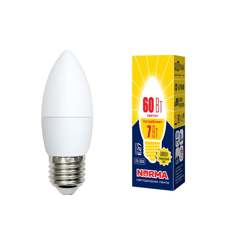 Лампа светодиодная LED-C37-7W/WW/E27/FR/NR LED. "свеча", матовая. Серия Norma. 3000K
