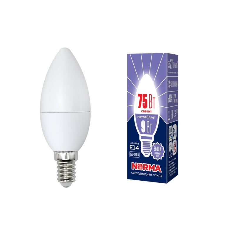 Лампа светодиодная LED-C37-9W/DW/E14/FR/NR LED. "свеча", матовая. Серия Norma. 6500K
