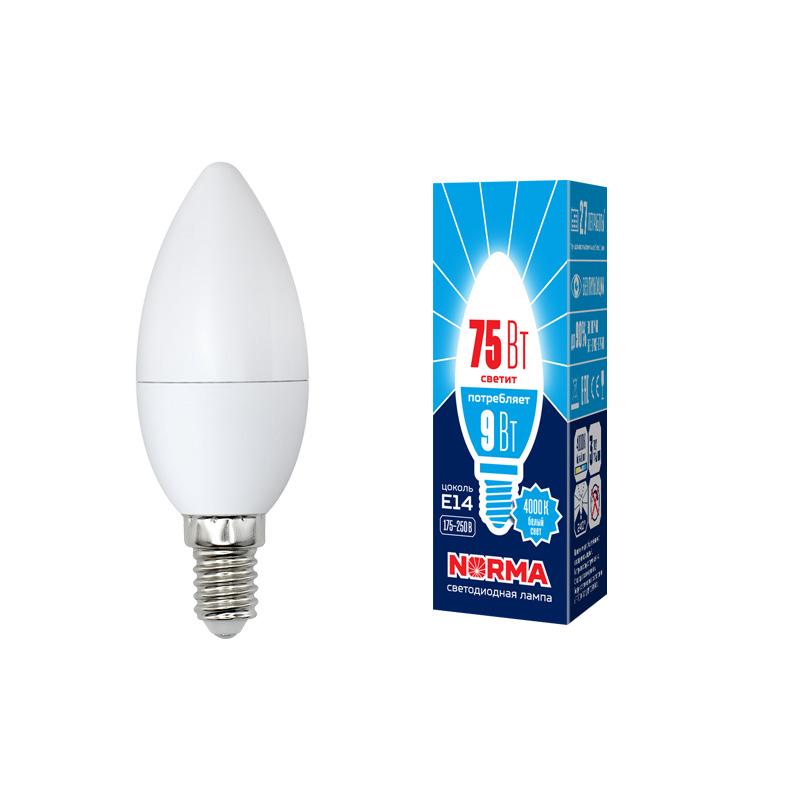 Лампа светодиодная LED-C37-9W/NW/E14/FR/NR LED. "свеча", матовая. Серия Norma. 4000K