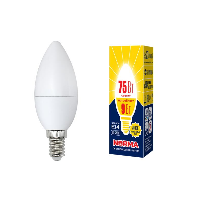 Лампа светодиодная LED-C37-9W/WW/E14/FR/NR LED. "свеча", матовая. Серия Norma. 3000K