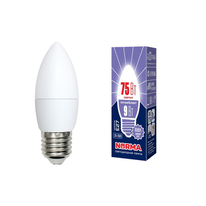 Лампа светодиодная LED-C37-9W/DW/E27/FR/NR LED. "свеча", матовая. Серия Norma. 6500K