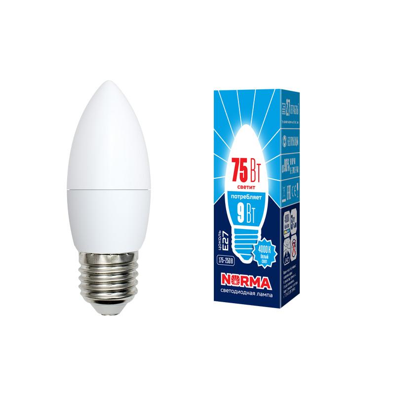 Лампа светодиодная LED-C37-9W/NW/E27/FR/NR LED. "свеча", матовая. Серия Norma. 4000K