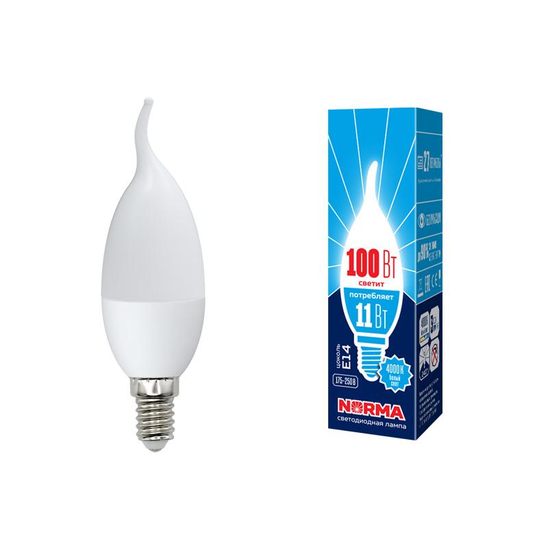 Лампа светодиодная LED-CW37-11W/NW/E14/FR/NR LED. "свеча на ветру", матовая. Серия Norma. 4000K