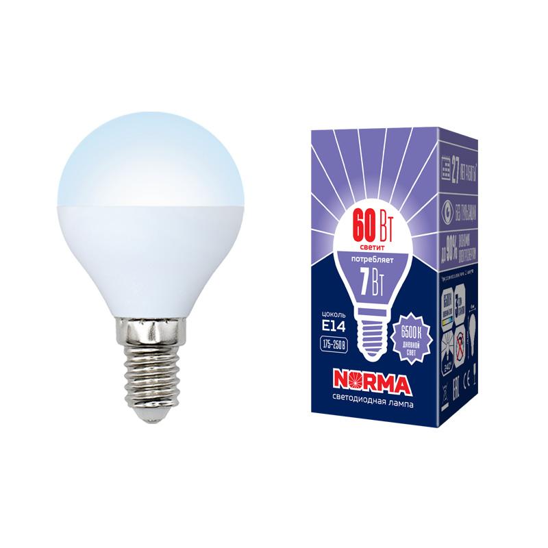 Лампа светодиодная LED-G45-7W/DW/E14/FR/NR LED. "шар", матовая. Серия Norma. 6500K