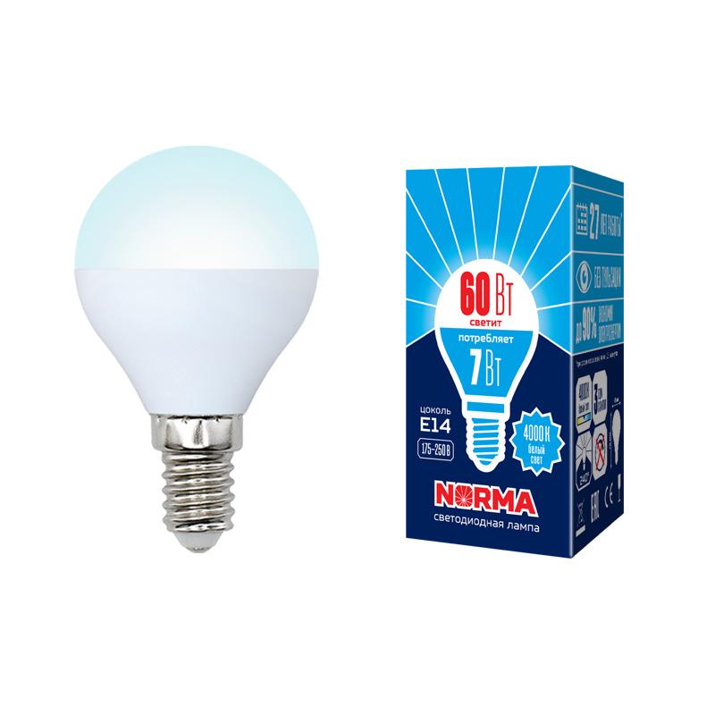 Лампа светодиодная LED-G45-7W/NW/E14/FR/NR LED. "шар", матовая. Серия Norma. 4000K